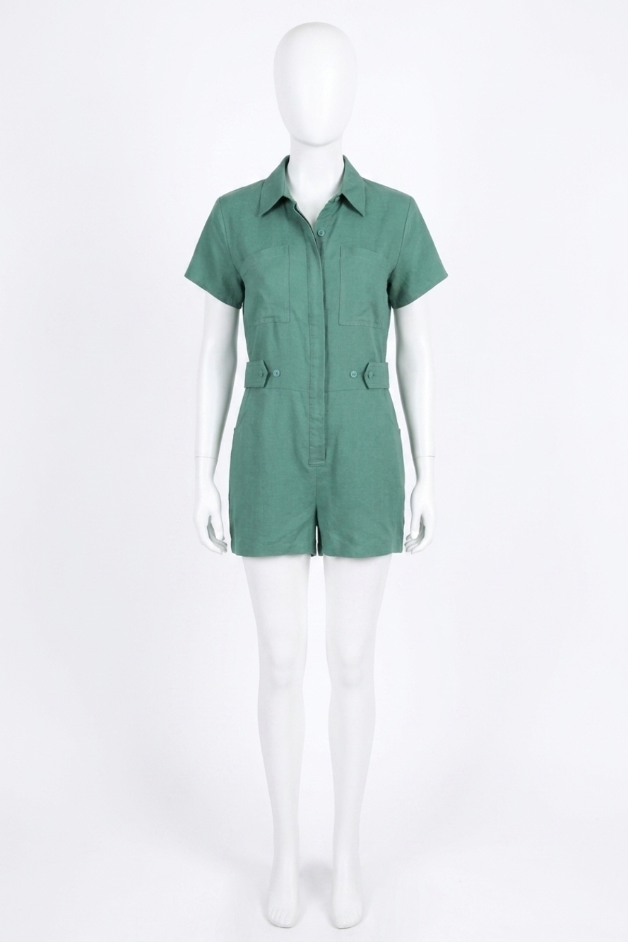 NEW LULUS cuteness awaits linen collared short sleeve romper in green